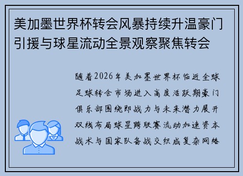 美加墨世界杯转会风暴持续升温豪门引援与球星流动全景观察聚焦转会