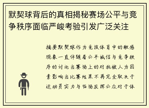 默契球背后的真相揭秘赛场公平与竞争秩序面临严峻考验引发广泛关注